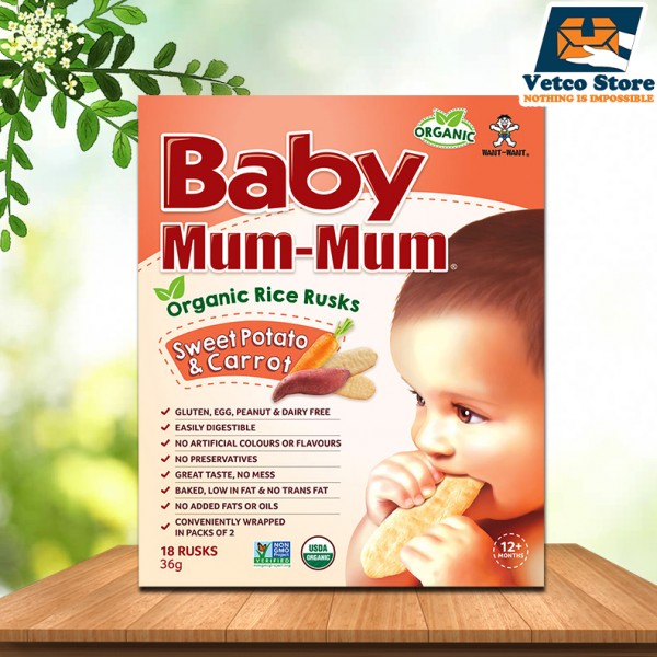Bánh gạo hữu cơ Baby Mum-Mum vị cà rốt, khoai lang 36g (Hộp 18 thanh)